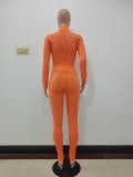 Ladies Fashion Casual Orange Knitting Hole Long Sleeve Round Neck Tight Top Slim Fitting Pants