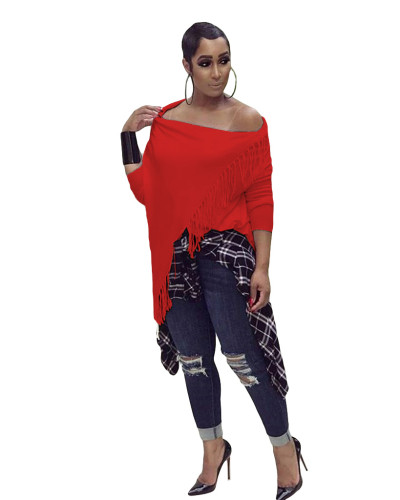 Red Fashion Solid Fringed Irregular Top