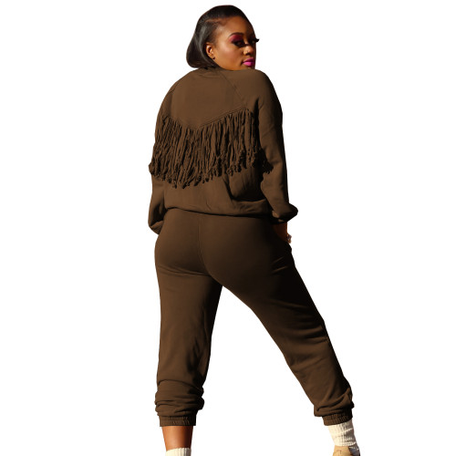Brown Tassel Design Solid Color Loose Two-Piece Pants Set