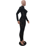 Ladies Fashion Casual Black Knitting Hole Long Sleeve Round Neck Tight Top Slim Fitting Pants