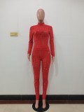Ladies Fashion Casual Red Knitting Hole Long Sleeve Round Neck Tight Top Slim Fitting Pants