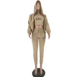 Casual Khaki Offset Printed Letter Branded Hoodie Three Piece Outfits
