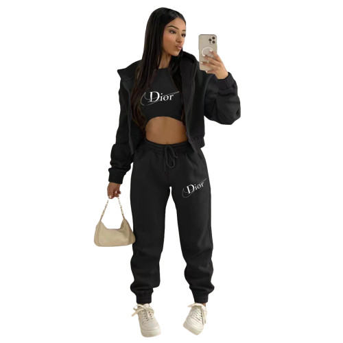 Casual Black Offset Printed Letter Branded Hoodie Three Piece Outfits