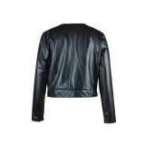 Solid Color Black Zipper PU Leather Nightclub Jacket Outwear