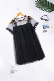 Summer Black Short Sleeve Round Neck Lined Mesh See-through Sexy Dress