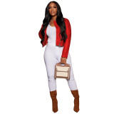 Solid Color Red Zipper PU Leather Nightclub Jacket Outwear