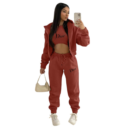 Casual Wine Red Offset Printed Letter Branded Hoodie Three Piece Outfits