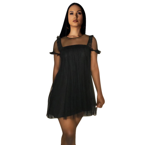 Summer Black Short Sleeve Round Neck Lined Mesh See-through Sexy Dress