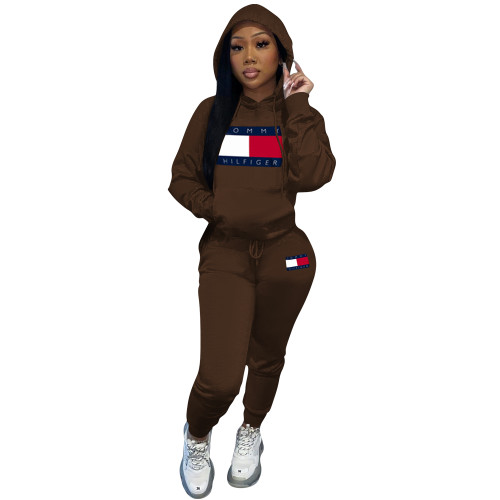 Amazon 2021 Hot Sell Thick Velvet Women's Coffee Printed Letter Hooded Sports Sweatpants Set