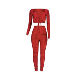 Womens Wine Red Sexy Clubwear Two Piece Outfits Long Sleeve Lace Up Tops Ruched Legging Pants Set