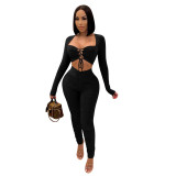 Womens Black Sexy Clubwear Two Piece Outfits Long Sleeve Lace Up Tops Ruched Legging Pants Set