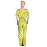 Spring Summer Printed Polka-dot Off Shoulder Two Piece Pants Set