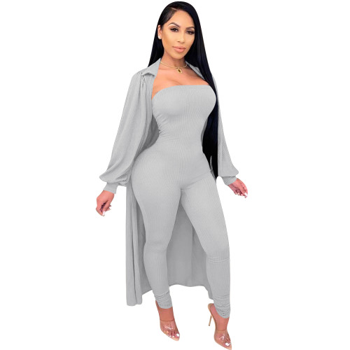 Solid Color Grey Two Piece Set Pit Strapless Jumpsuit with Long Outwear