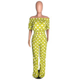 Spring Summer Printed Polka-dot Off Shoulder Two Piece Pants Set