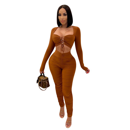 Womens Golden Brown Sexy Clubwear Two Piece Outfits Long Sleeve Lace Up Tops Ruched Legging Pants Set