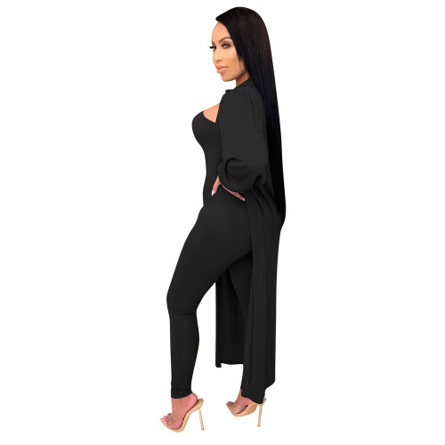 Solid Color Black Two Piece Set Pit Strapless Jumpsuit with Long Outwear