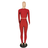 Womens Wine Red Sexy Clubwear Two Piece Outfits Long Sleeve Lace Up Tops Ruched Legging Pants Set
