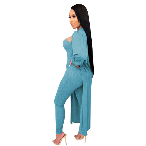 Solid Color Blue Two Piece Set Pit Strapless Jumpsuit with Long Outwear