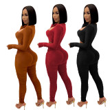 Womens Black Sexy Clubwear Two Piece Outfits Long Sleeve Lace Up Tops Ruched Legging Pants Set