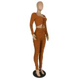 Womens Golden Brown Sexy Clubwear Two Piece Outfits Long Sleeve Lace Up Tops Ruched Legging Pants Set