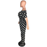 Spring Summer Black Printed Polka-dot Off Shoulder Two Piece Pants Set