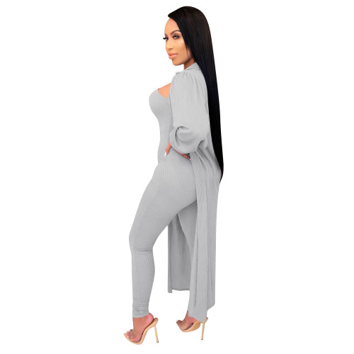 Solid Color Grey Two Piece Set Pit Strapless Jumpsuit with Long Outwear
