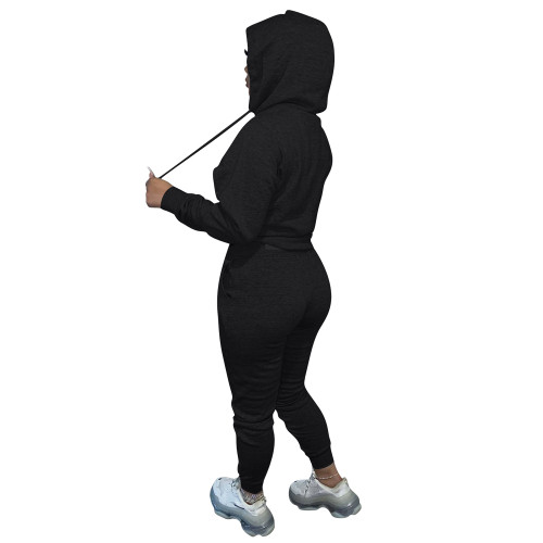 Amazon 2021 Hot Sell Thick Velvet Women's Black Printed Letter Hooded Sports Sweatpants Set