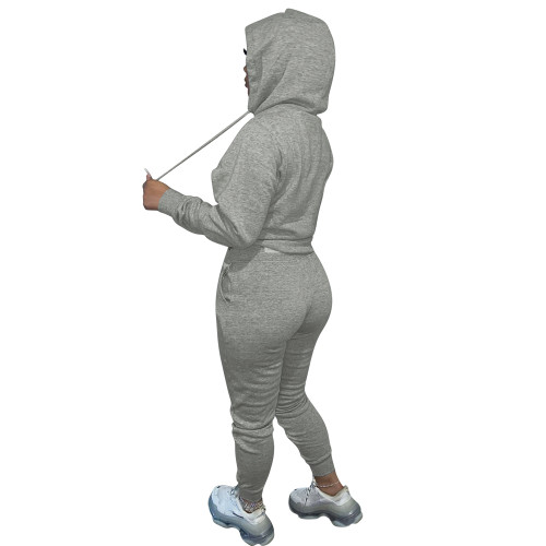 Amazon 2021 Hot Sell Thick Velvet Women's Grey Printed Letter Hooded Sports Sweatpants Set