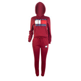 Amazon 2021 Hot Sell Thick Velvet Women's Wine Red Printed Letter Hooded Sports Sweatpants Set