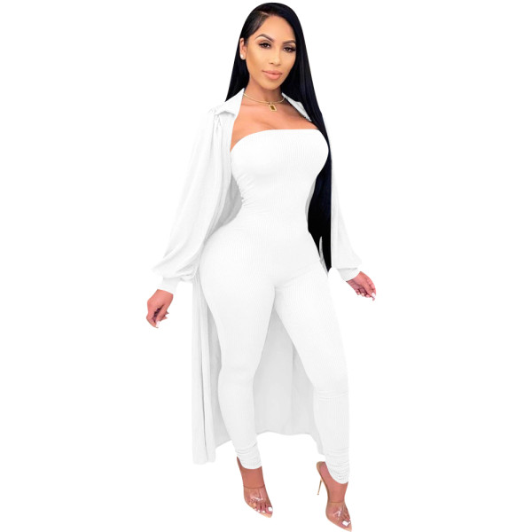 Solid Color White Two Piece Set Pit Strapless Jumpsuit with Long Outwear