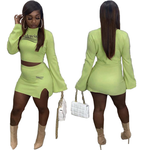 Solid Color Pale Green Printed Letter Slit Skirt Set for Women