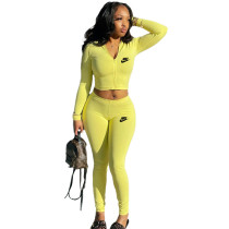 Yellow Fashion Spring Sports 2 Pcs Zipper Finger Sleeves Hoodie Crop Top and Trousers