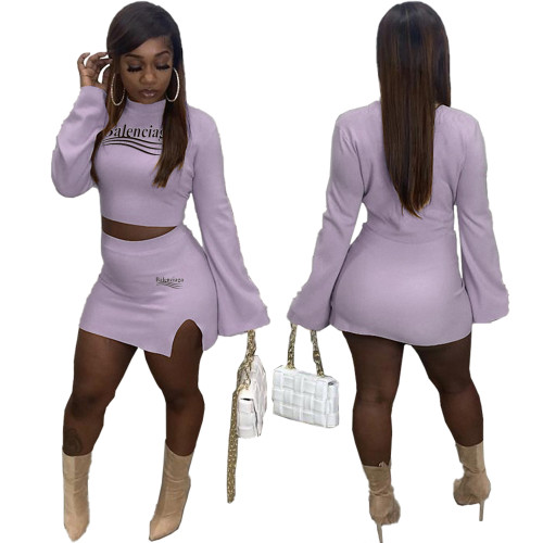 Solid Color Lavender Printed Letter Slit Skirt Set for Women