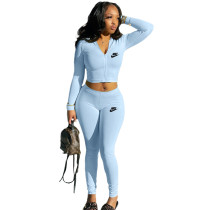 Sky Blue Fashion Spring Sports 2 Pcs Zipper Finger Sleeves Hoodie Crop Top and Trousers