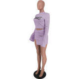 Solid Color Lavender Printed Letter Slit Skirt Set for Women