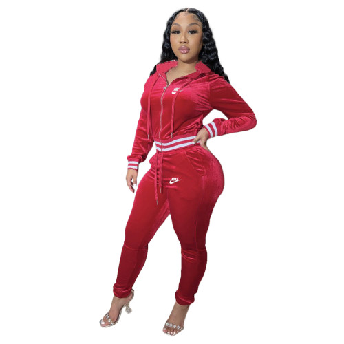 Casual Wine Red Printed Letter Thick Korean Vetlet Hooded Casual Sports Pant Set