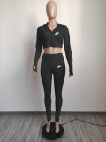 Black Fashion Spring Sports 2 Pcs Zipper Finger Sleeves Hoodie Crop Top and Trousers