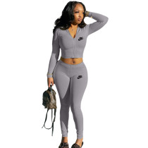 Grey Fashion Spring Sports 2 Pcs Zipper Finger Sleeves Hoodie Crop Top and Trousers
