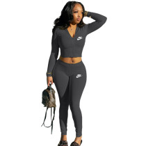 Black Fashion Spring Sports 2 Pcs Zipper Finger Sleeves Hoodie Crop Top and Trousers