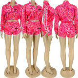 Solid Color Rose Leopard Print Long Sleeve Blouse and Shorts