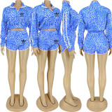 Solid Color Blue Leopard Print Long Sleeve Blouse and Shorts