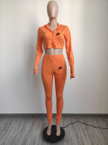 Orange Fashion Spring Sports 2 Pcs Zipper Finger Sleeves Hoodie Crop Top and Trousers