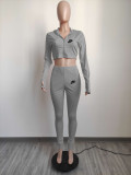 Grey Fashion Spring Sports 2 Pcs Zipper Finger Sleeves Hoodie Crop Top and Trousers