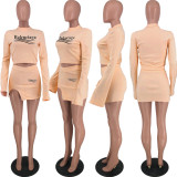 Solid Color Pale Orange Printed Letter Slit Skirt Set for Women