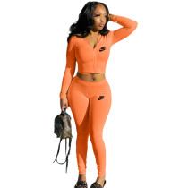Orange Fashion Spring Sports 2 Pcs Zipper Finger Sleeves Hoodie Crop Top and Trousers
