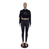 Casual Spring Autumn Women's Black Printed Letter Two Piece Sets