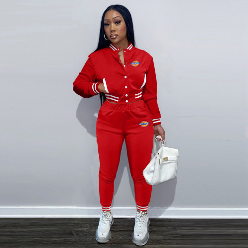 Solid Color Women's Red Jacket Suits Single-breasted Long lSeeve Baseball Uniform Two Piece