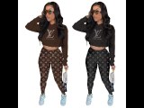 Casual Spring Autumn Women's Black Printed Letter Two Piece Sets