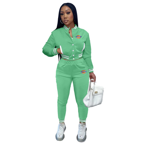 Solid Color Women's Green Jacket Suits Single-breasted Long lSeeve Baseball Uniform Two Piece