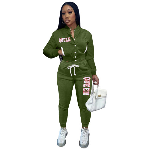 Army Green Winter Jacket Single-breasted Letter Printed Baseball Uniform 2 Piece Set